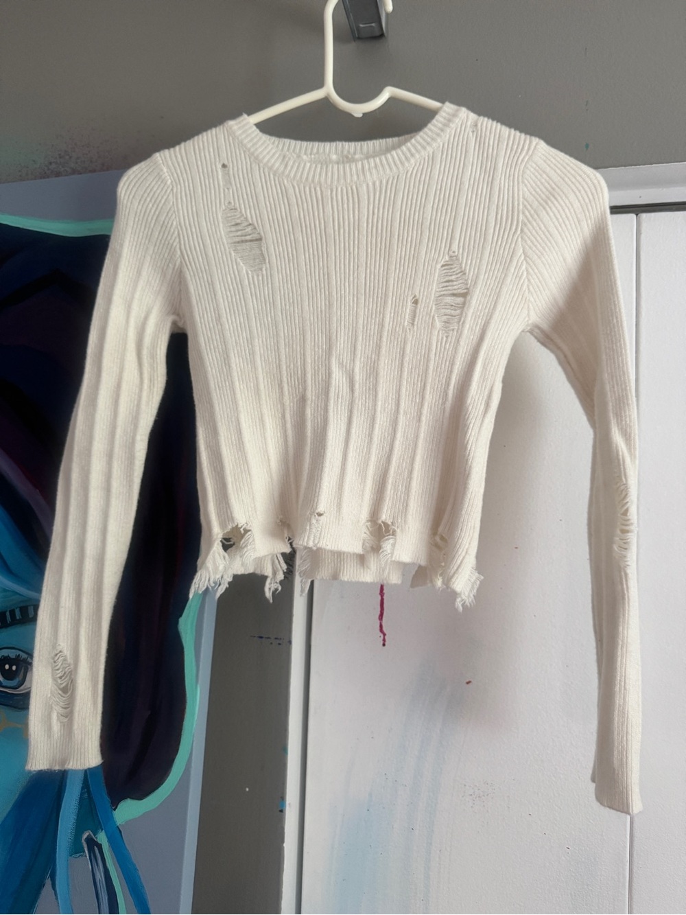 COMMENSE Distressed Ribbed Knit Crop Sweater Off-White Cream Cut Out Grunge S